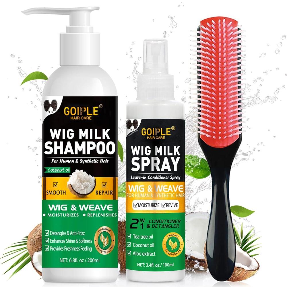 imageWig Shampoo for Synthetic Wigs amp Wig Milk Spray for Synthetic Hair Detangle and AntiFrizz Hydrates amp Moisturizes Synthetic Wig Shampoo ConditionerDetangler 2 in 1 Moisturize Spray Detangler Brush