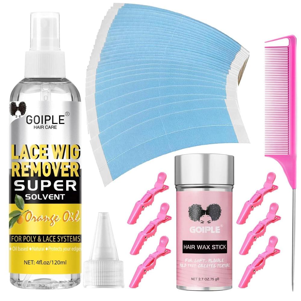 imageWig Tape for Lace Wigs Doublesided Waterproof Lace Tape Adhsive Strips for Lace Front Wig Toupee Hairpiece Tape in Extension Remover Hair Glue Remover Fast Acting Hair Extensions Remover Setwig tape remover set
