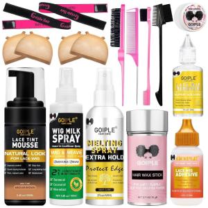 Lace Glue Kit Complete Set with Lace Tint Mousse, Lace Melting Spray Wig Glue for Women’s Wigs and Hairpieces – Wig Installation Kit & Tape in Extension Rmover & Cap (Dark Brown)(Medium brown-17pcs)