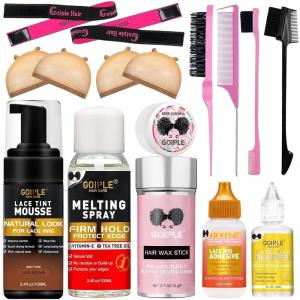 Lace Glue Kit Complete Set with Lace Tint Mousse, Lace Melting Spray Wig Glue for Women’s Wigs and Hairpieces – Wig Installation Kit & Tape in Extension Rmover & Cap (Dark Brown)(Dark brown-16pcs)