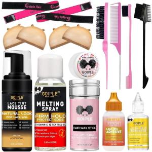 Lace Glue Kit Complete Set with Lace Tint Mousse, Lace Melting Spray Wig Glue for Women’s Wigs and Hairpieces – Wig Installation Kit & Tape in Extension Rmover & Cap (Dark Brown)(Light brown-16pcs)