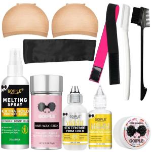 Wig Accessory Essentials Kit Lace Front Wig Glue & Remover, Wig Caps, Elastic Band, Hair Wax Stick, Edge Control, Edge Brush, Hair Shear Dermaplanning Razor Tool and Edge Scarf – 10PCS(Pink)