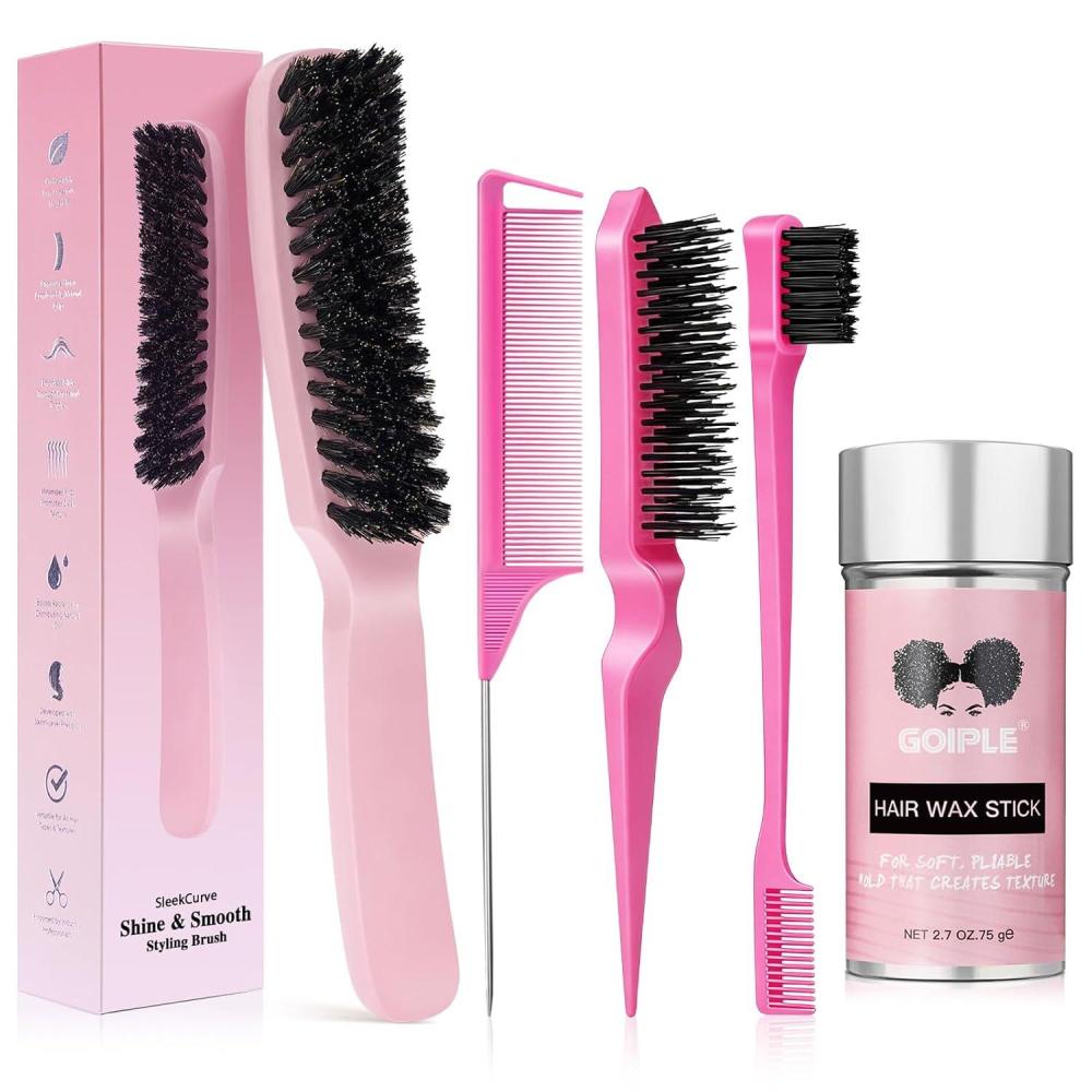 imageBoar Bristle Slick Back Hair Brush Wax Stick for Smooth Flyaways Frizz Sleek Ponytail Buns and Edge Baby Hair Hair Comb Edge Brush Teasing Brush Styling Accessories for Girls Kids Women amp Men