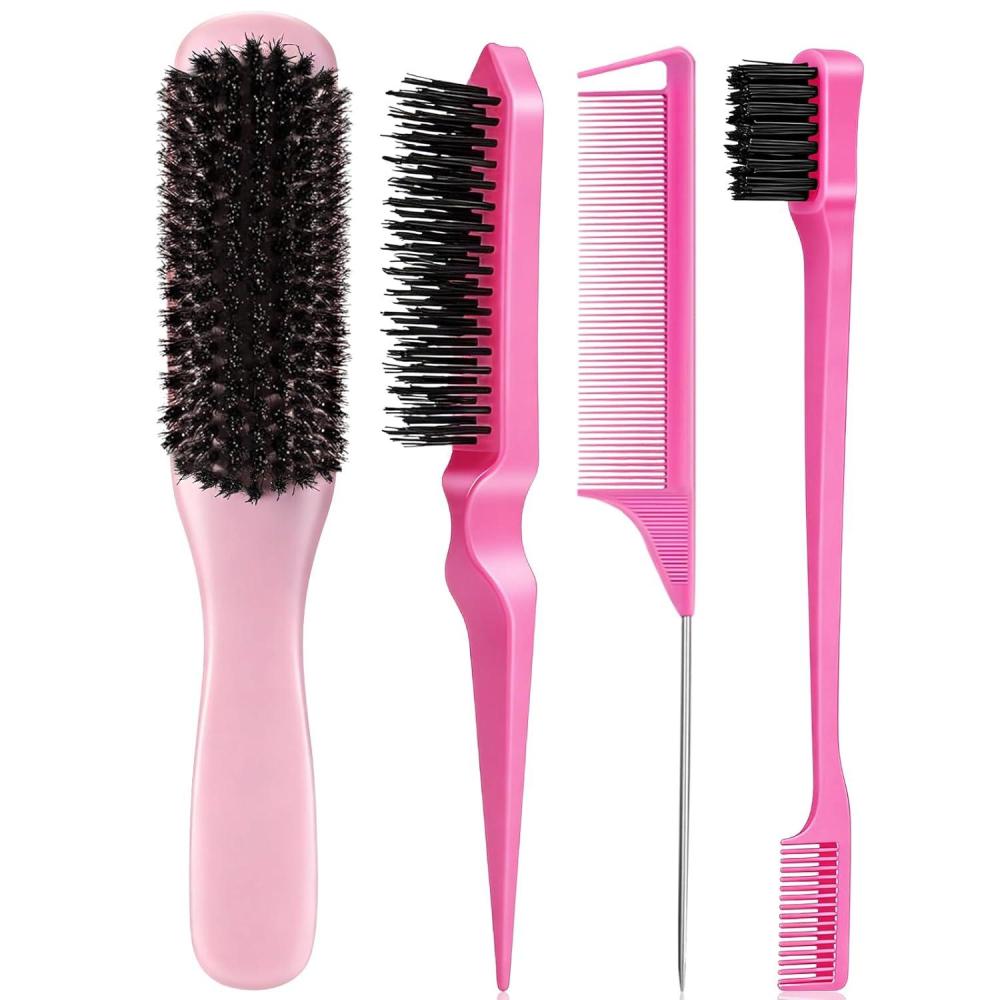 imageBoar Bristle Slick Back Hair Brush for Smooth Flyaways Frizz Sleek Ponytail Buns and Edge Baby Hair Teasing Hair Comb Edge Brush Teasing Brush Styling Accessories for Kids Women amp Men Pink