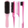 Boar Bristle Slick Back Hair Brush for Smooth Flyaways, Frizz, Sleek Ponytail, Buns and Edge Baby Hair, Teasing | Hair Comb, Edge Brush, Teasing Brush Styling Accessories for Kids, Women & Men (Pink)