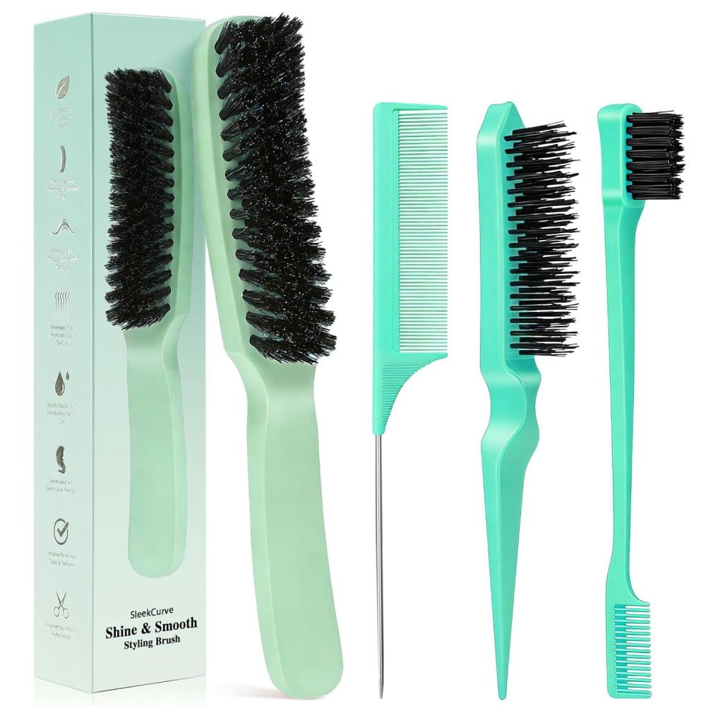 imageSlick Back Hair Brush for Smooth Flyaways Frizz Sleek Ponytail Buns and Edge Baby Hair Hair Comb Edge Brush Teasing Brush Styling Accessories for Girls Kids Women amp Men Green