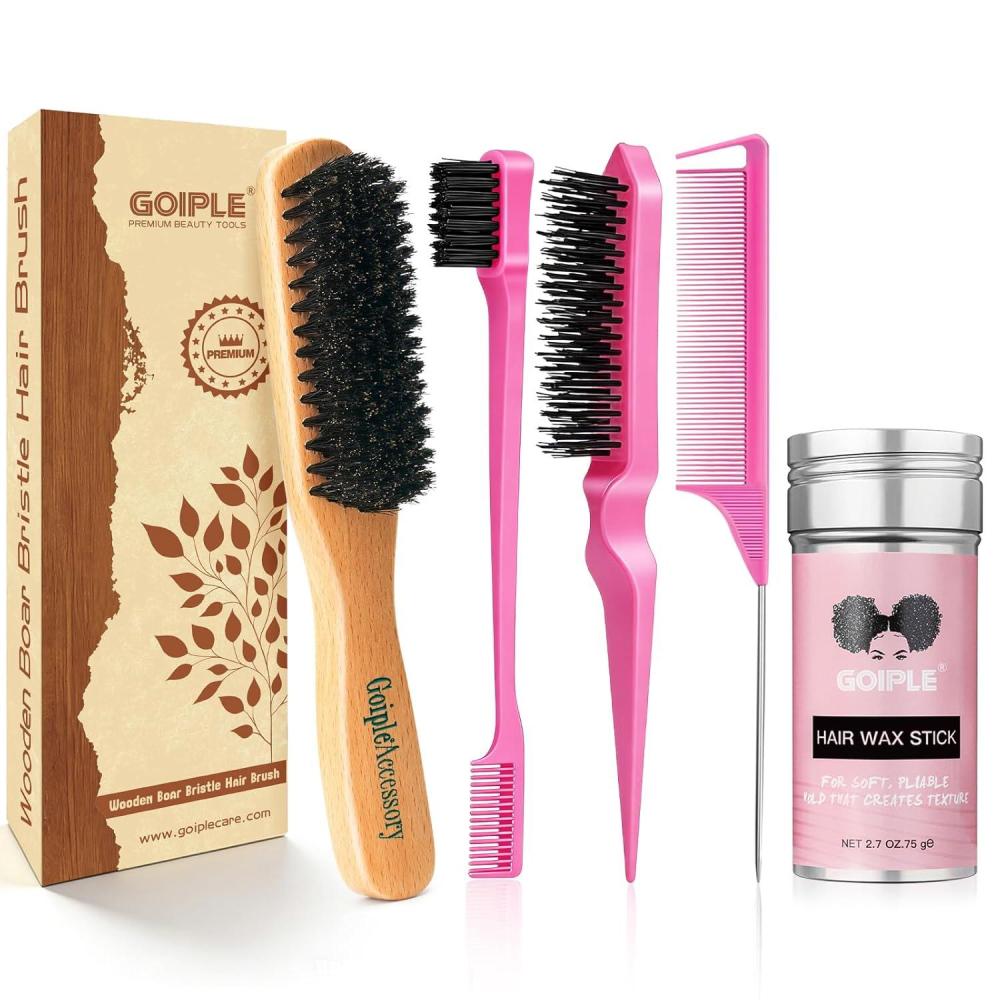 imageBoar Bristle Slick Back Hair Brush amp Hair Wax Stick for Smooth Flyaways Frizz Sleek Ponytail Buns and Edge Baby Hair Hair Comb Edge Brush Teasing Brush Rat Tail Comb Styling Accessories