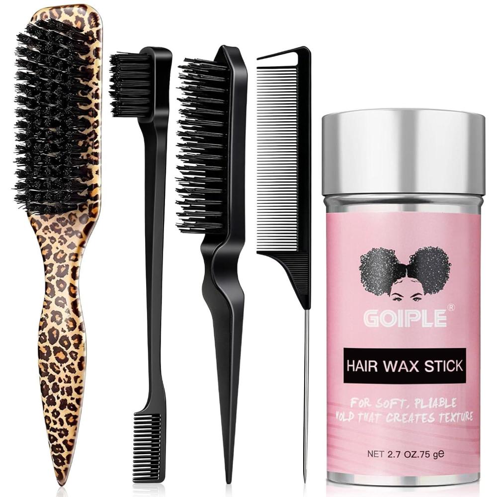 imageSlick Back Hair Brush Set Teasing Bristle Brush Hair Wax Stick Edge Brushes Rat Tail Comb Teasing Comb Wooden Slickback Hairbrush Accessories Smoothing Combs for Women amp KidsLeopard