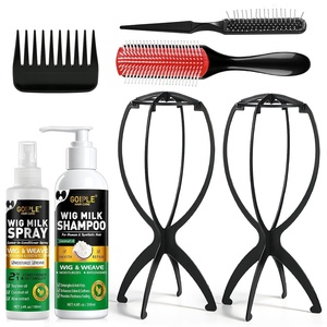 Goiple Wig Head Stand with Brush Comb Set | Travel Wigs Holder for Women Human and Synthetic Hair | 2 in 1 Milk Spray & Shampoo Hydrates Moisturizes, Promotes Silkiness Shine Easy Combing (7 PCS)