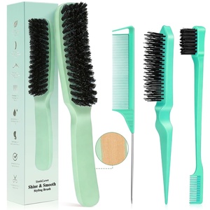 Boar Bristle Slick Back Hair Brush for Smooth Flyaways, Frizz and Edge Baby Hair | Slickback Brushes Hair Comb, Edge Brush, Teasing Brush Styling Accessories for Girls, Kids, Women & Men (Green)