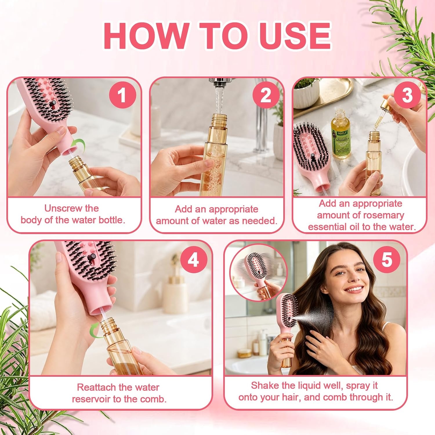 image:image3in1 Hair Brush with Spray Mister Includes Rosemary Oil Detangling Hair Brush with Fine Mist for Wet amp Dry Hair Curly Wavy Straight Short amp Long Hair Manual Aqua Spray Brush NonElectric 50ML