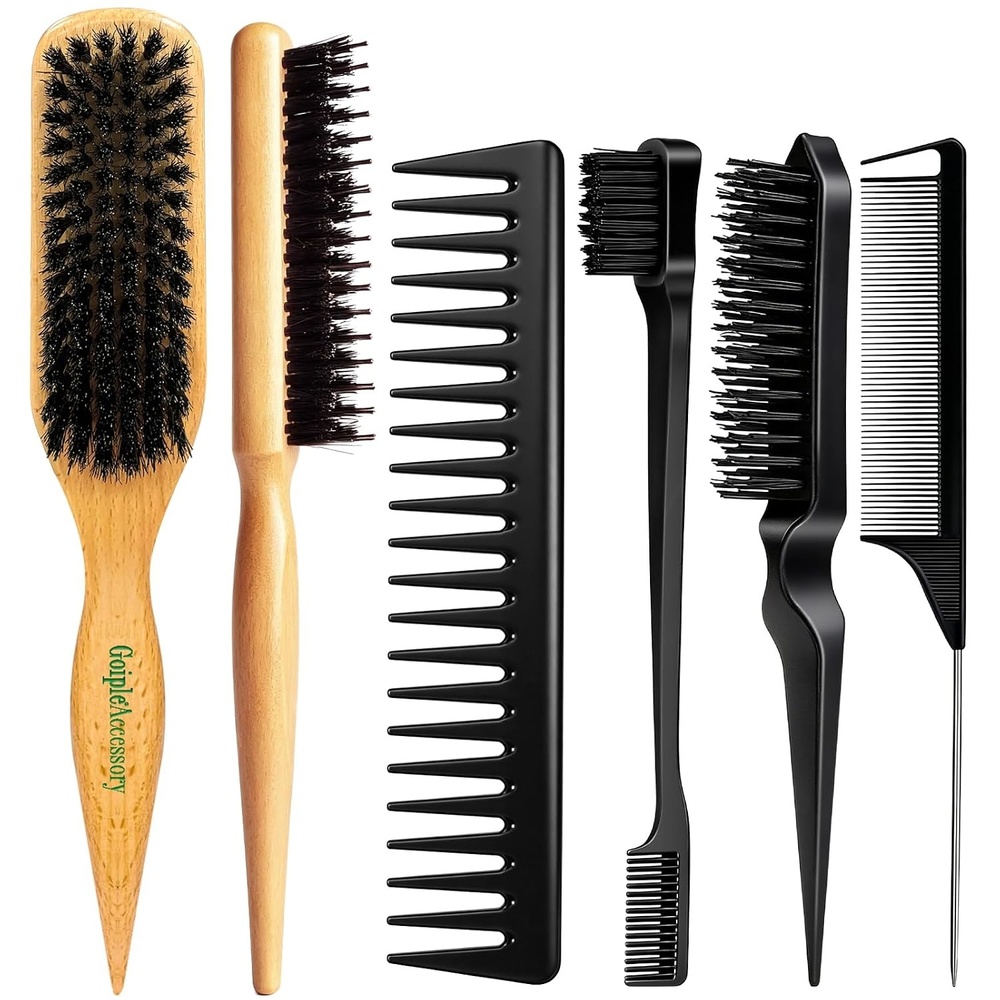 image:imageBoar Bristle Slick Back Hair Brush with Edge Brush Rat Tail Comb Teasing Brush Wide Tooth Comb for Men Women Girls amp Boys 6PCS Hair Comb Set for All Hair Types Straight Curly and Textured Hair