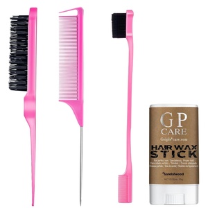 3 Pieces Hair Styling Set – Rat Tail Comb,Teasing & Double-Sided Edge Brush for Combing, Slicking, and Detailing Women’s Hair, Includes Wax Stick for Frizz (Pink)(brush set-pink-4pcs)