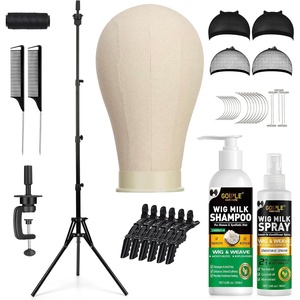 Wig Stand Tripod Metal Adjustable Mannequin Head Stand – Mannequin Wig Head with Mount Hole, Manikin Head for Wigs Making, Drying, Styling and Display – Wigs Shampoo & Milk Spray T Pins Hair Cap Set